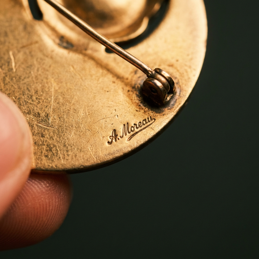 Close-up of the back of a vintage brooch showing a clear signed maker's mark