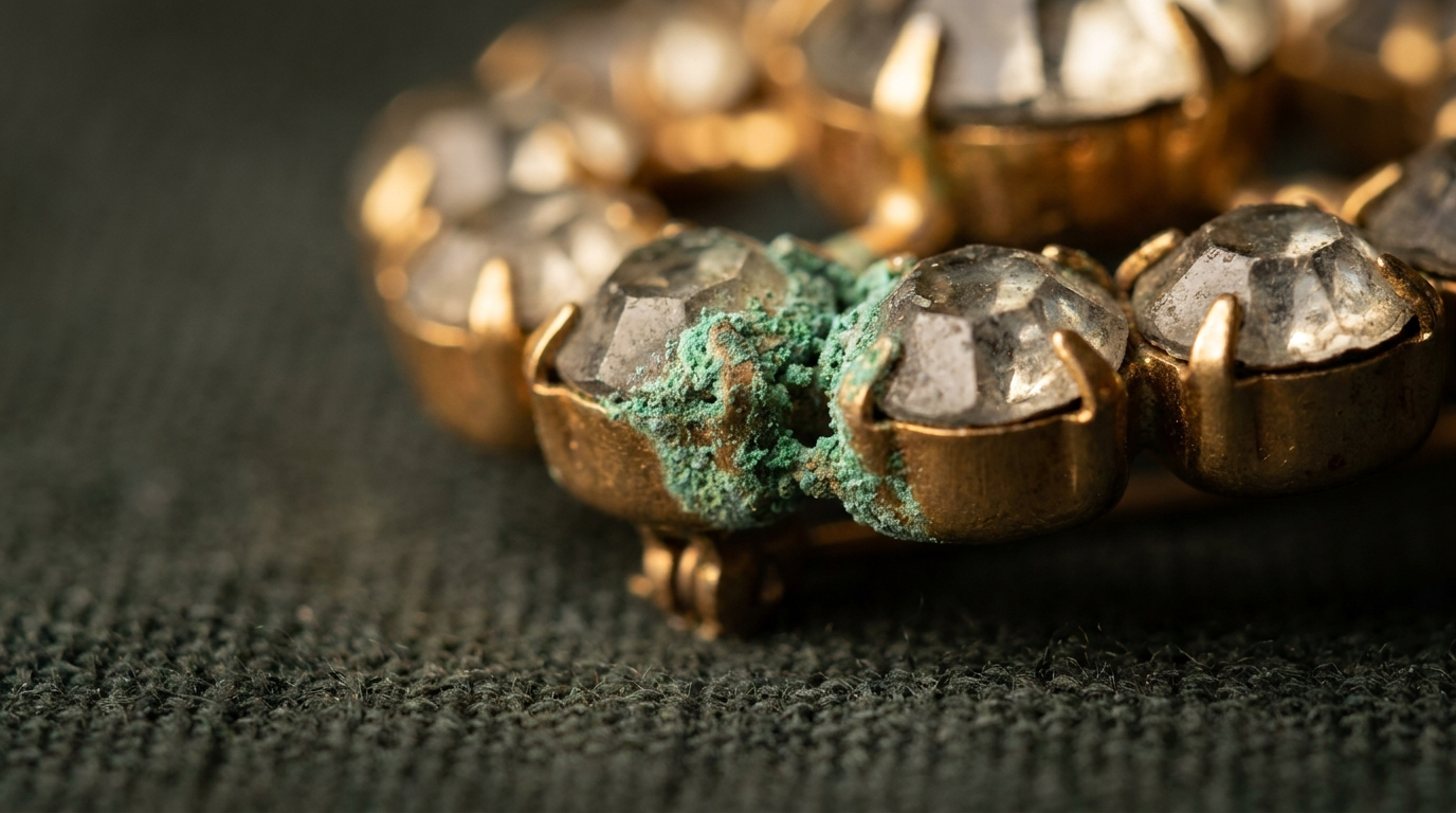 Detail of vintage costume jewelry showing green verdigris corrosion around set rhinestones