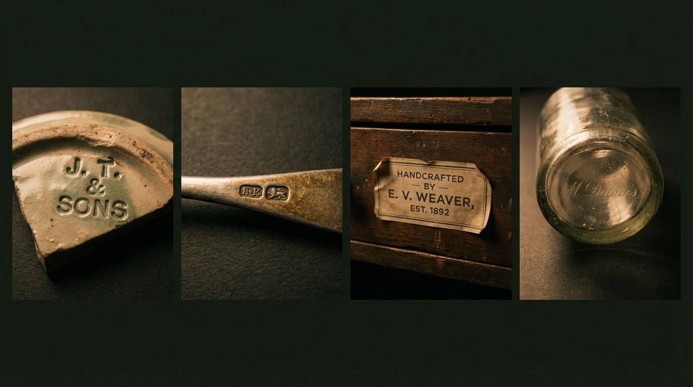Collection of maker's marks on pottery and silver