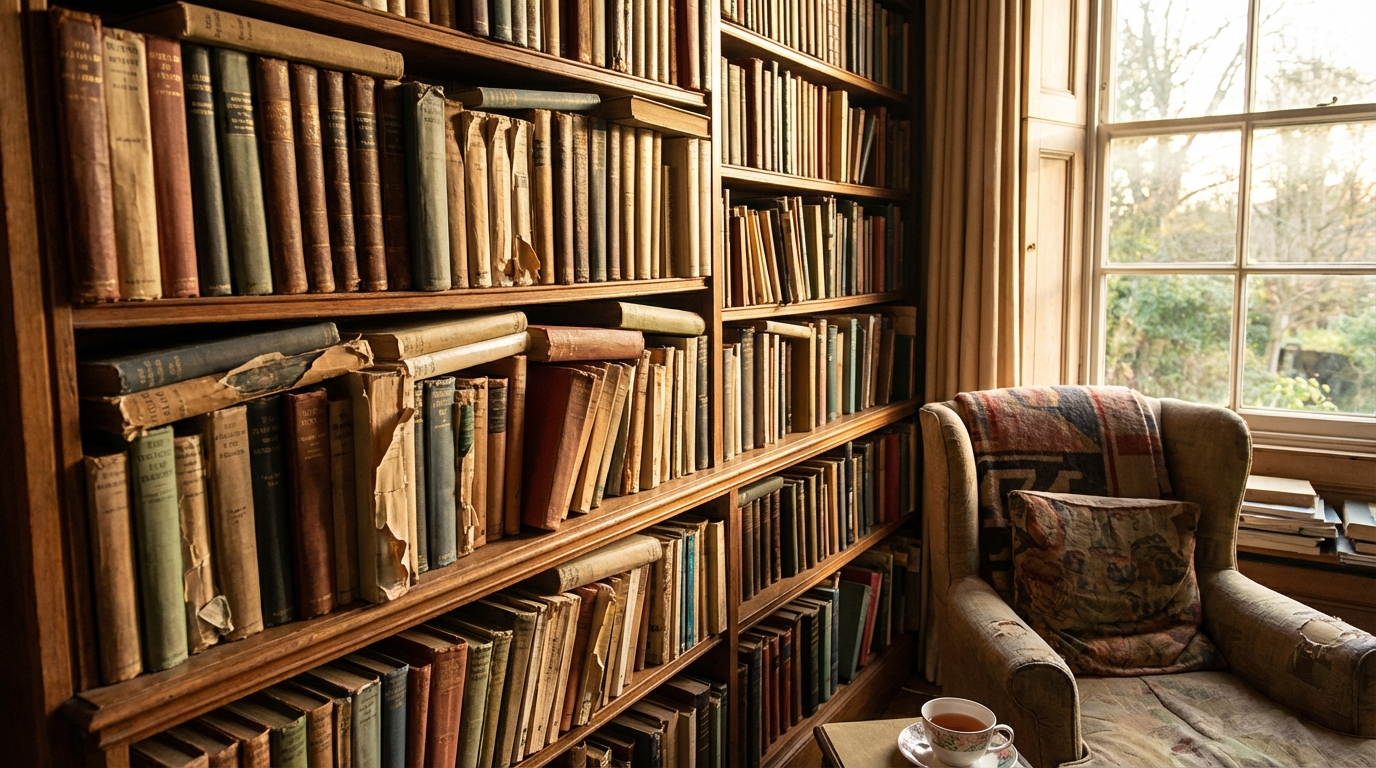 Shelf of old books with vintage dust jackets
