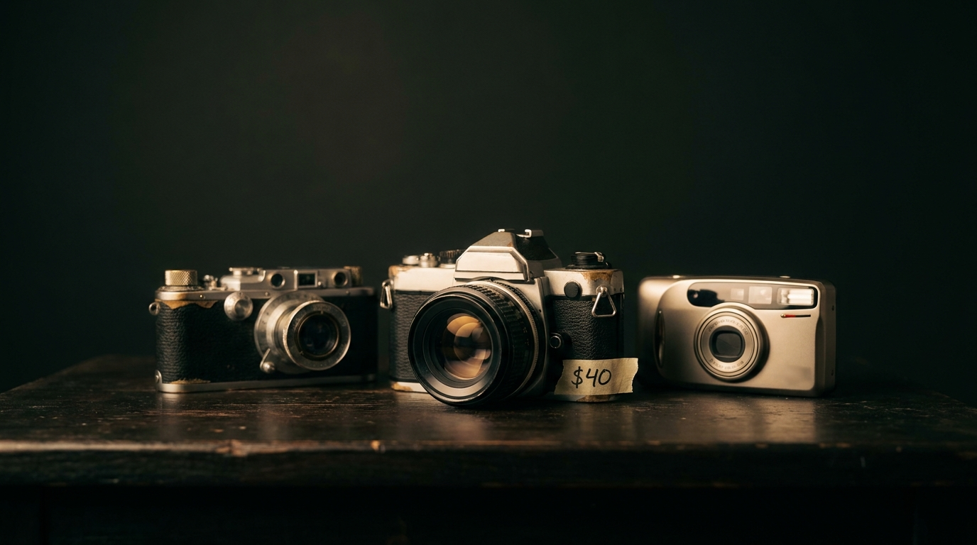 A small group of vintage film cameras — a rangefinder, an SLR, and a compact — arranged on a dark surface