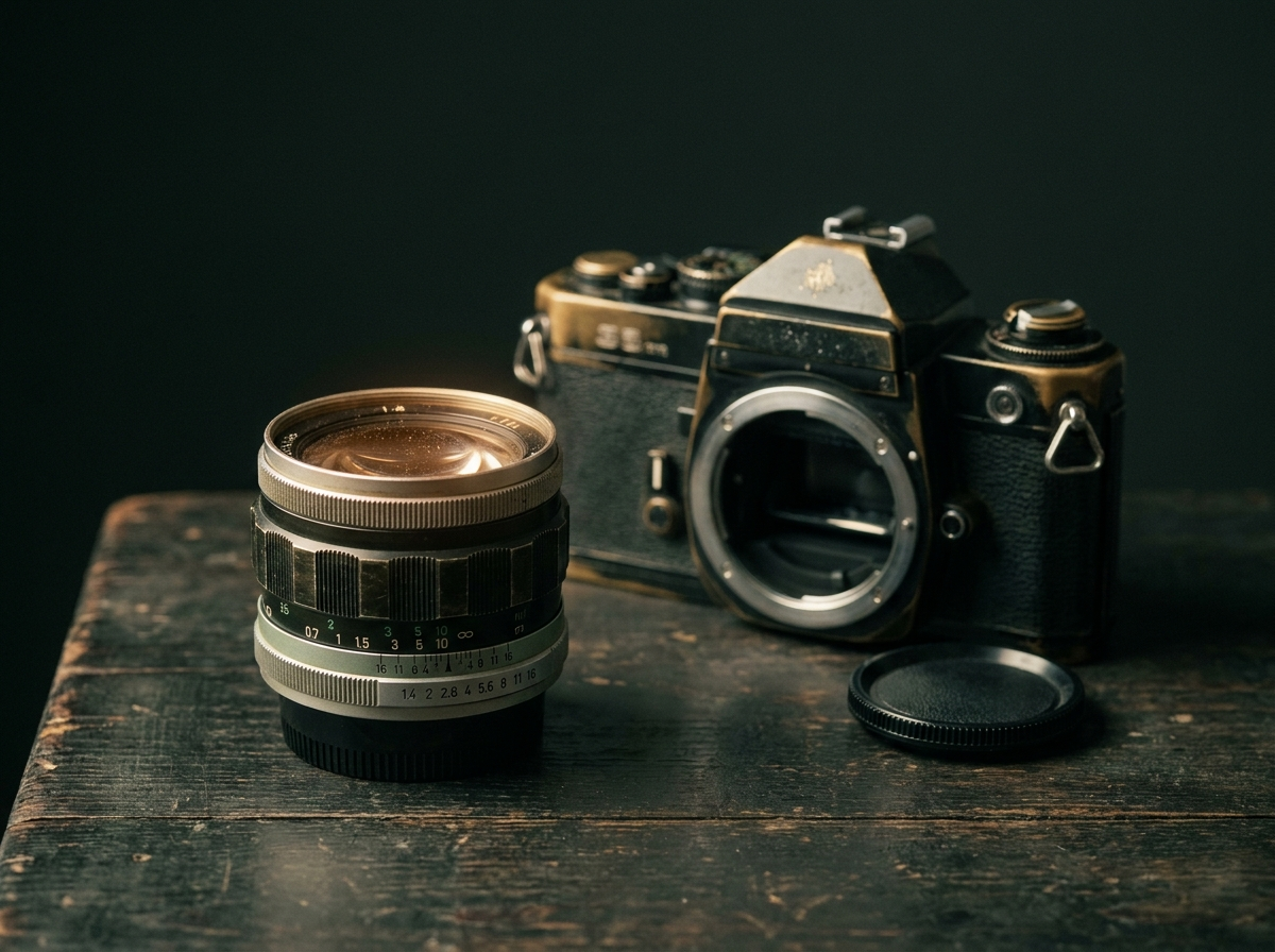 A fast prime lens standing beside a vintage camera body on a dark surface