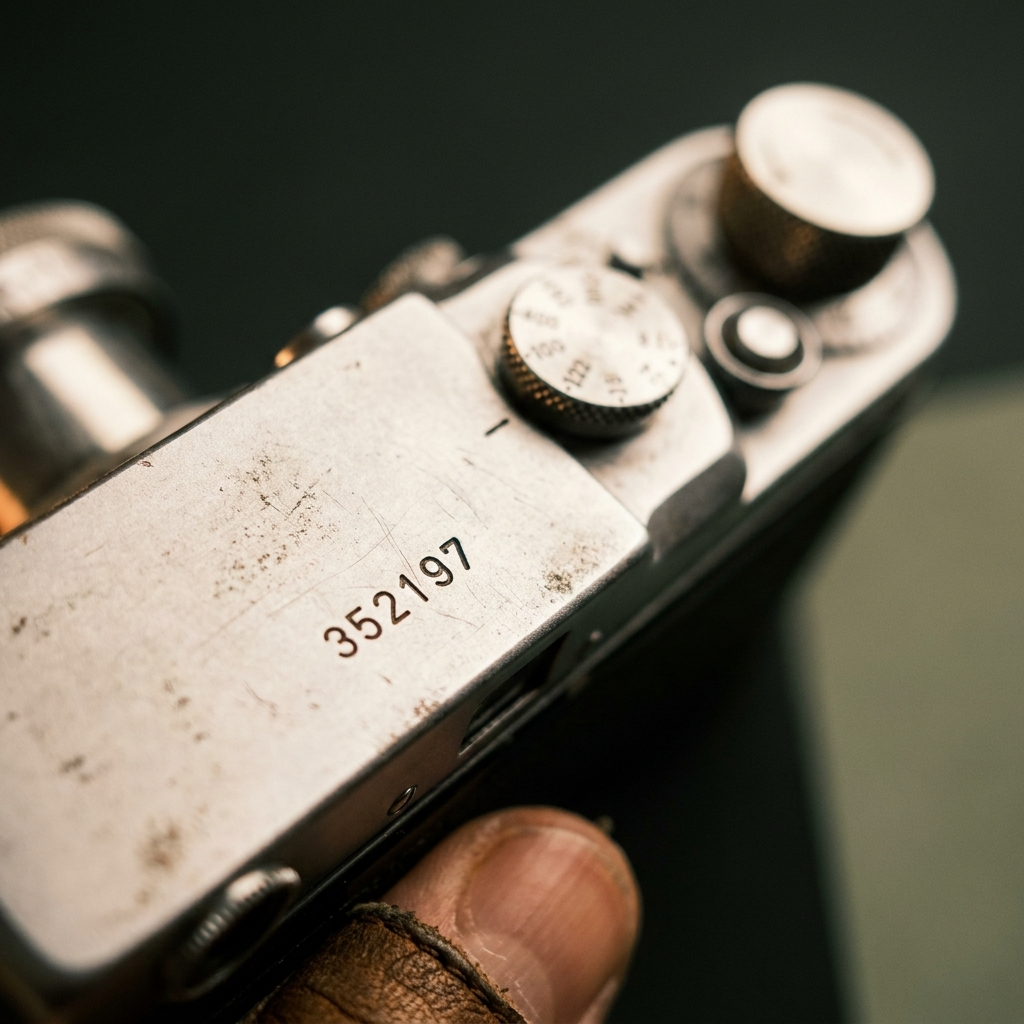 Macro close-up of an engraved serial number on the top plate of a vintage rangefinder camera
