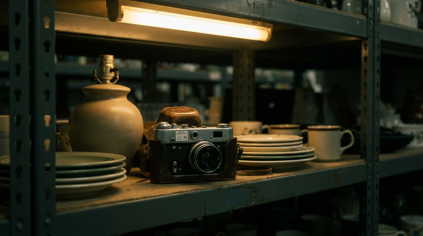 A vintage film camera sitting on a thrift store shelf among ordinary household items