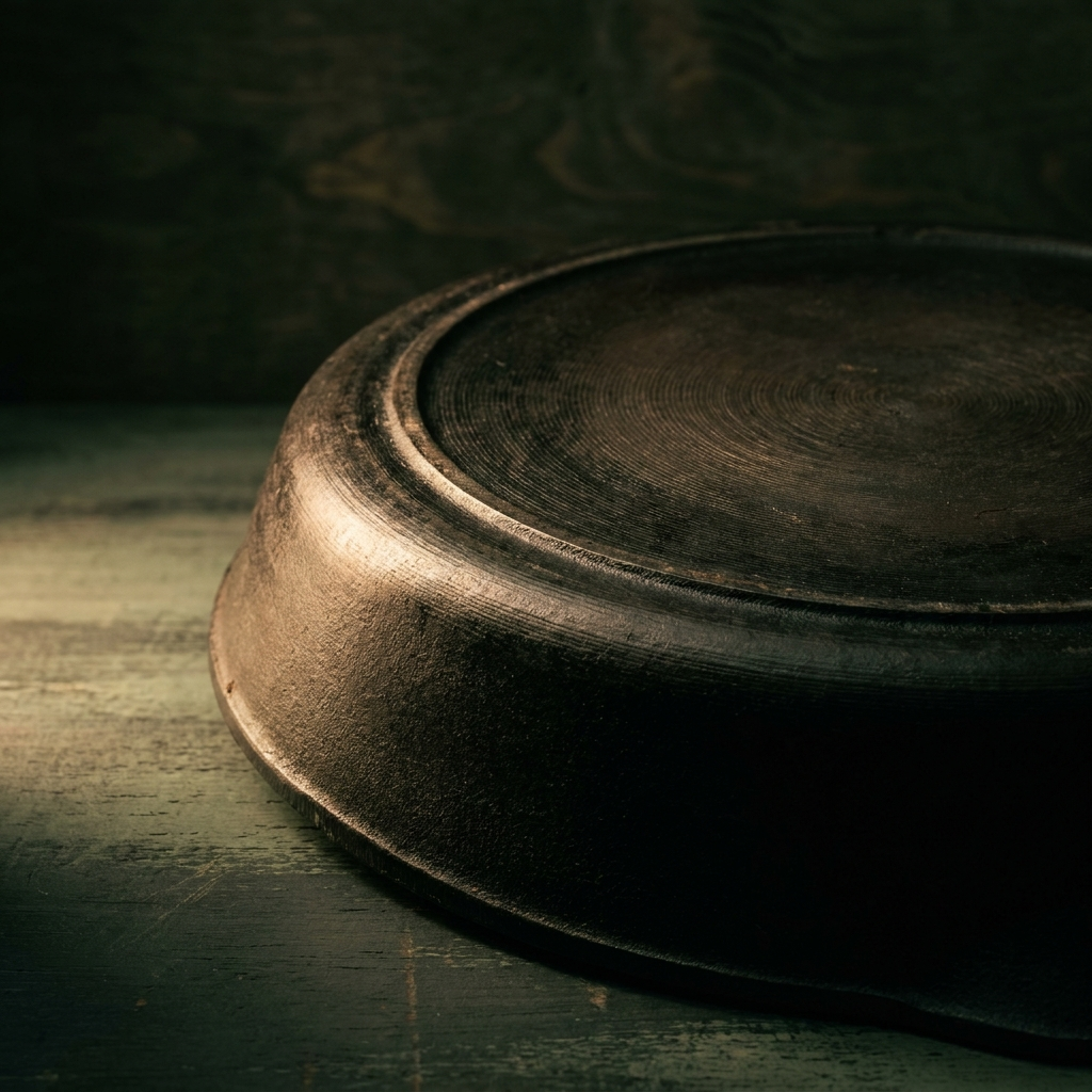 Close-up of the underside edge of a cast iron skillet showing the raised heat ring and a smooth machined bottom