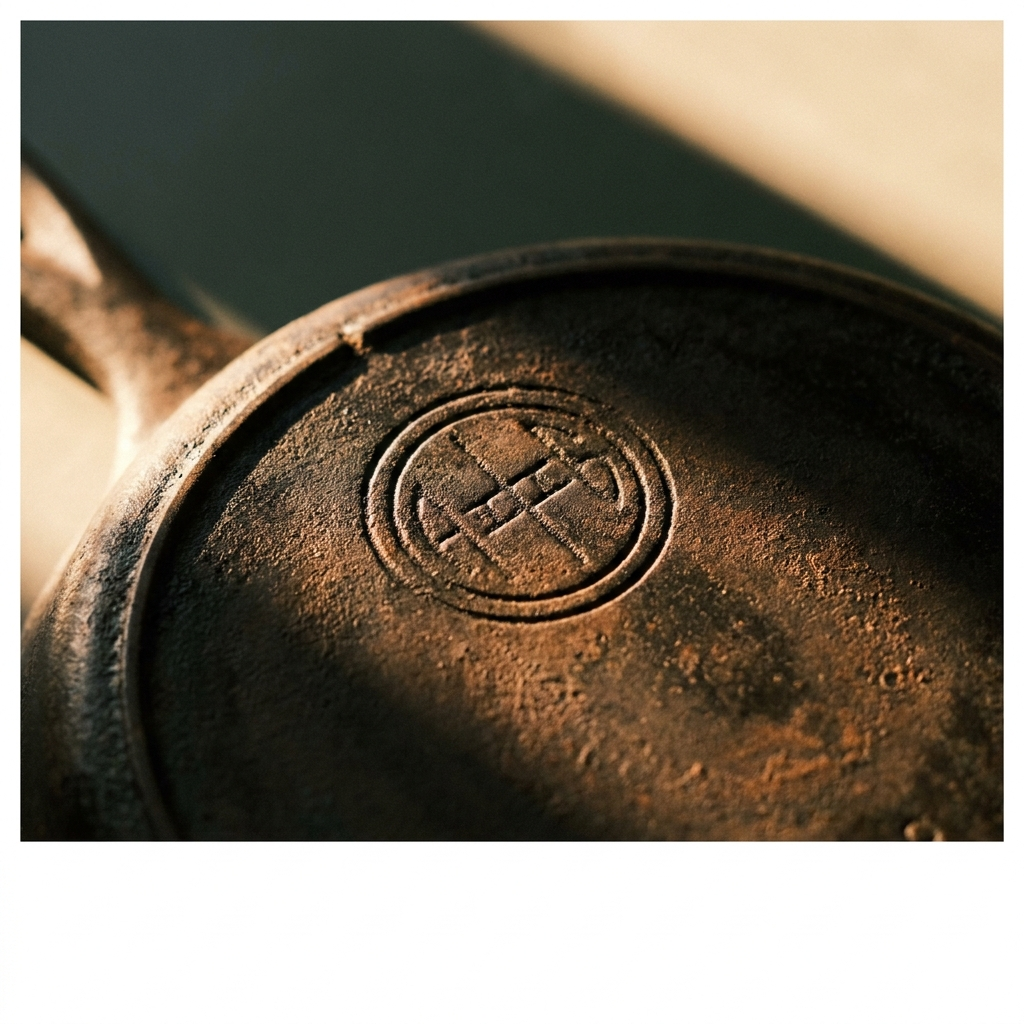 Extreme close-up of the raised slant-lettered Griswold cross logo and ERIE mark on the bottom of a vintage skillet