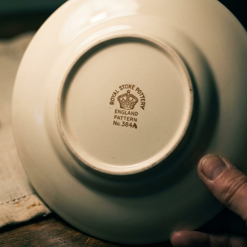 Underside of a china plate held to the light, showing a maker's backstamp with the word ENGLAND and a pattern number