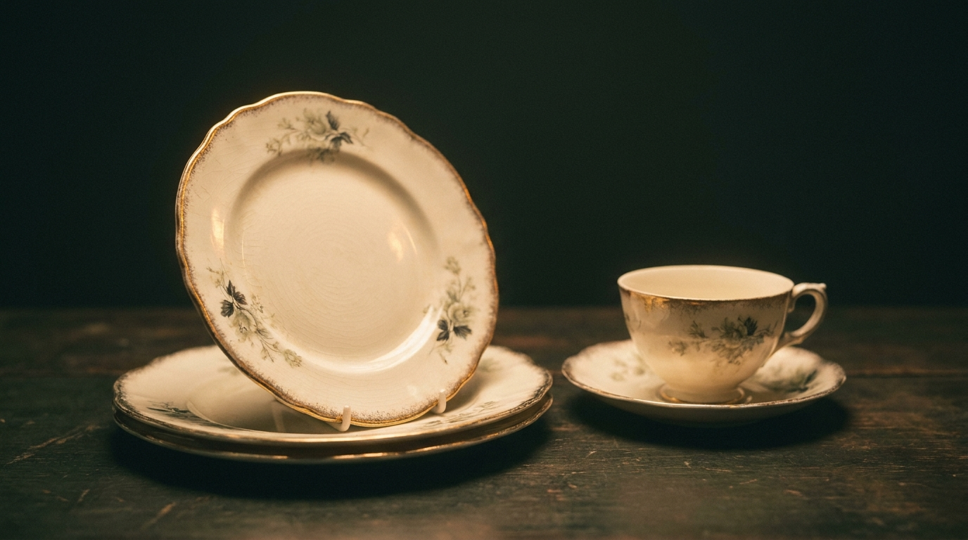 Stack of vintage bone china plates and a teacup with gold trim on a dark surface