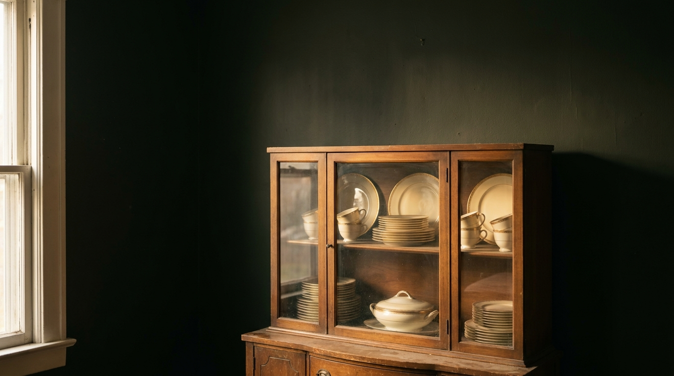 Inherited china displayed behind the glass doors of a wooden dining room hutch, lit by warm window light