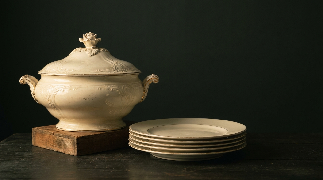 A gold-trimmed covered tureen glowing on a dark surface beside a plain stack of matching dinner plates