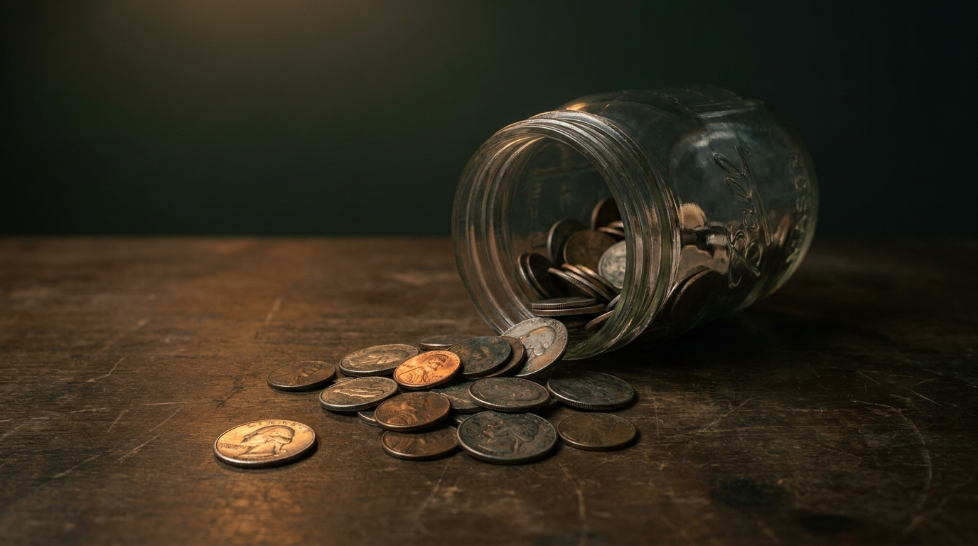 A glass jar and scattered pile of old U.S. coins—pennies, dimes, and quarters—on a dark surface