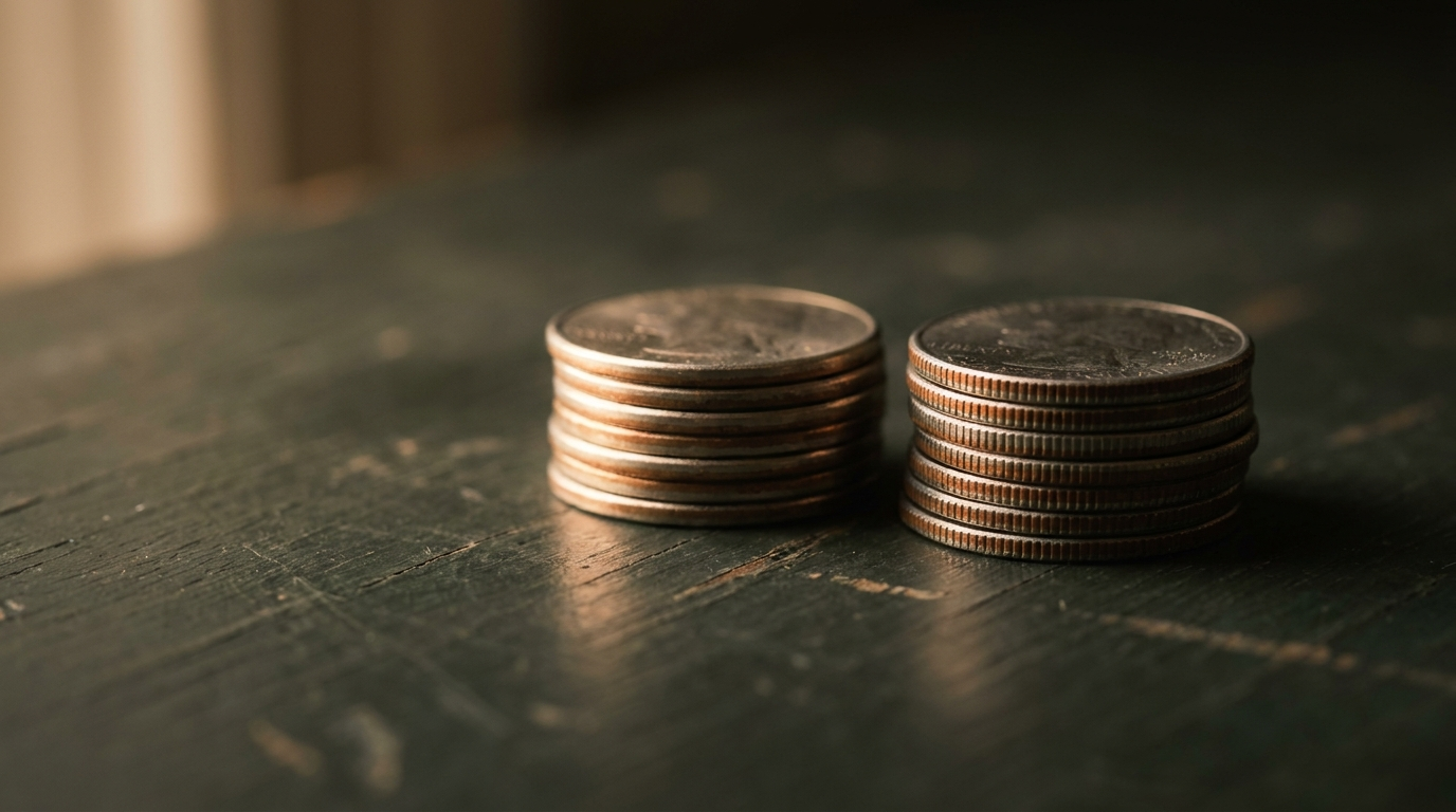 A small group of pre-1965 silver dimes and quarters beside modern clad coins on a dark surface, showing the silver edge of the older coins