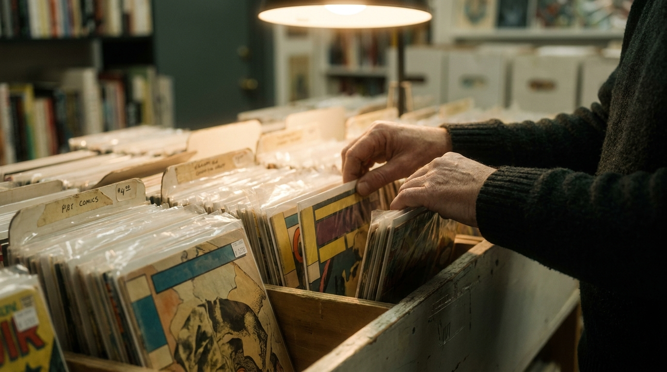 Hands flipping through a bin of bagged-and-boarded comic books in a shop, spines catching overhead light