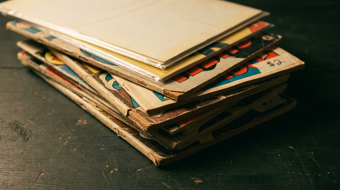 A stack of vintage comic books on a dark surface, spines and cover fragments visible, edges showing age