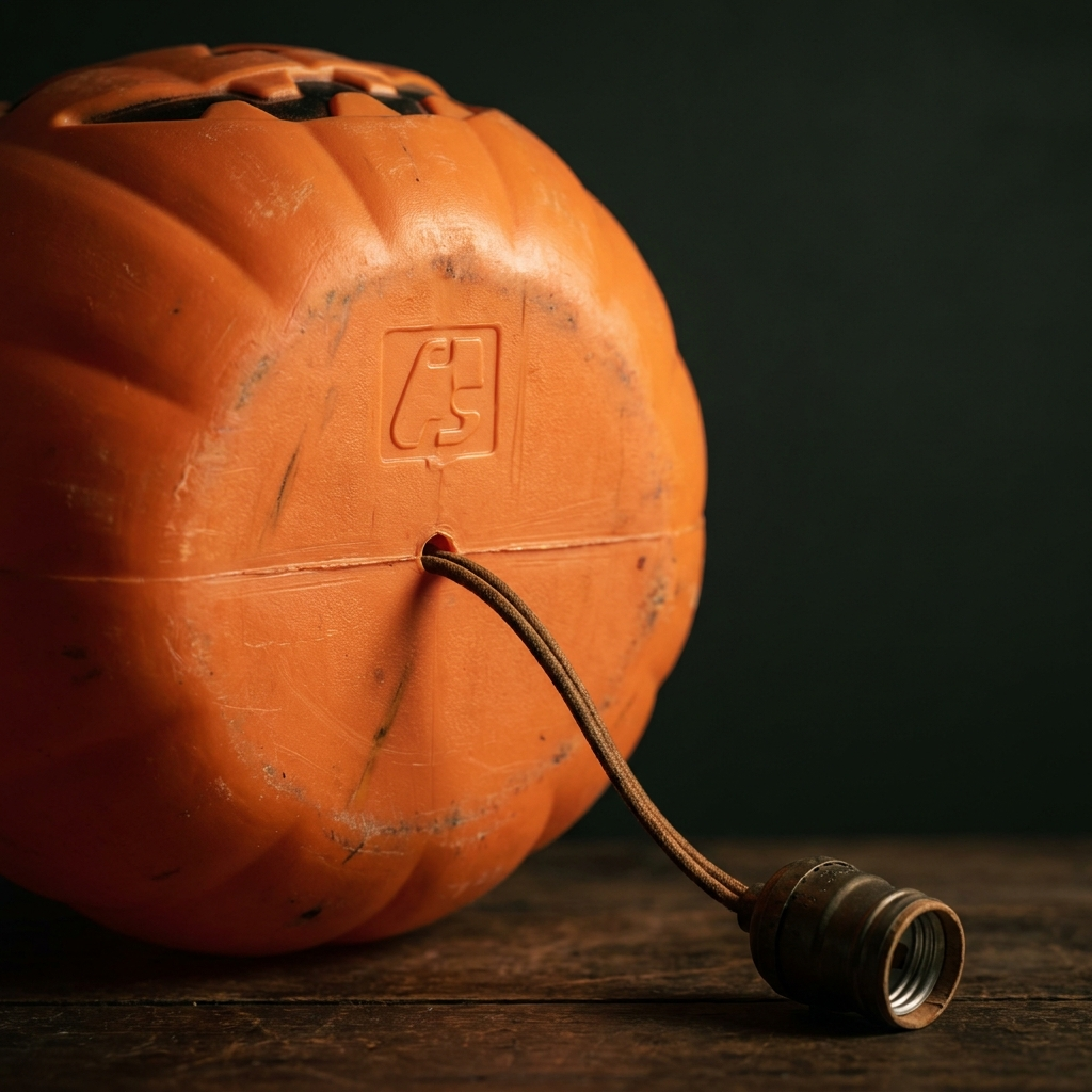 The underside of a vintage plastic blow-mold pumpkin showing an embossed maker's mark and the original light cord