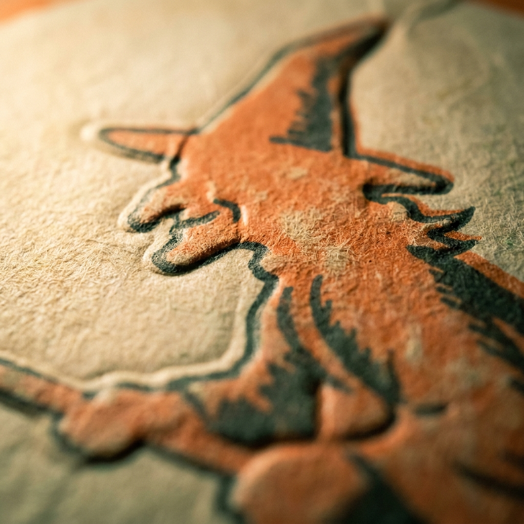Extreme close-up of an embossed vintage Beistle die-cut, raised texture catching raking light across an orange and black witch design