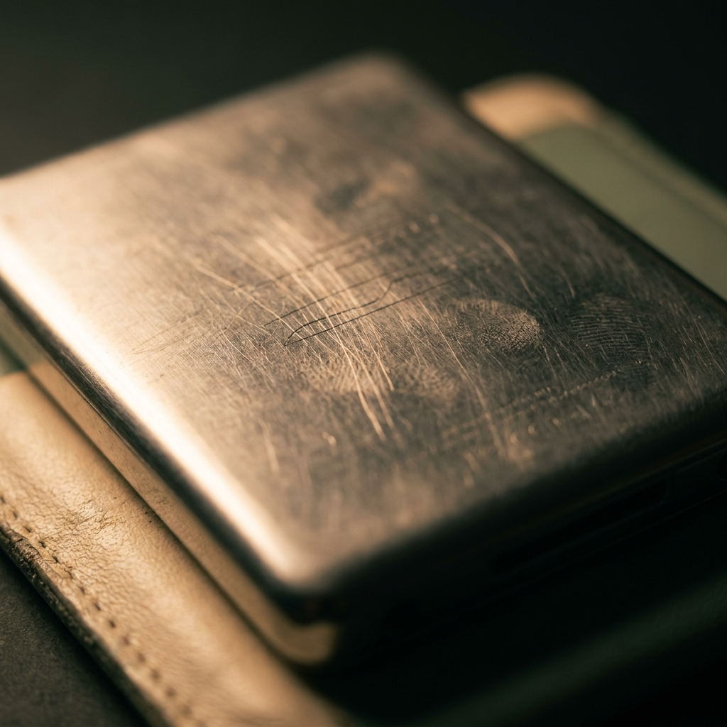 Extreme close-up of the engraved model number and capacity on the polished steel back of an early iPod