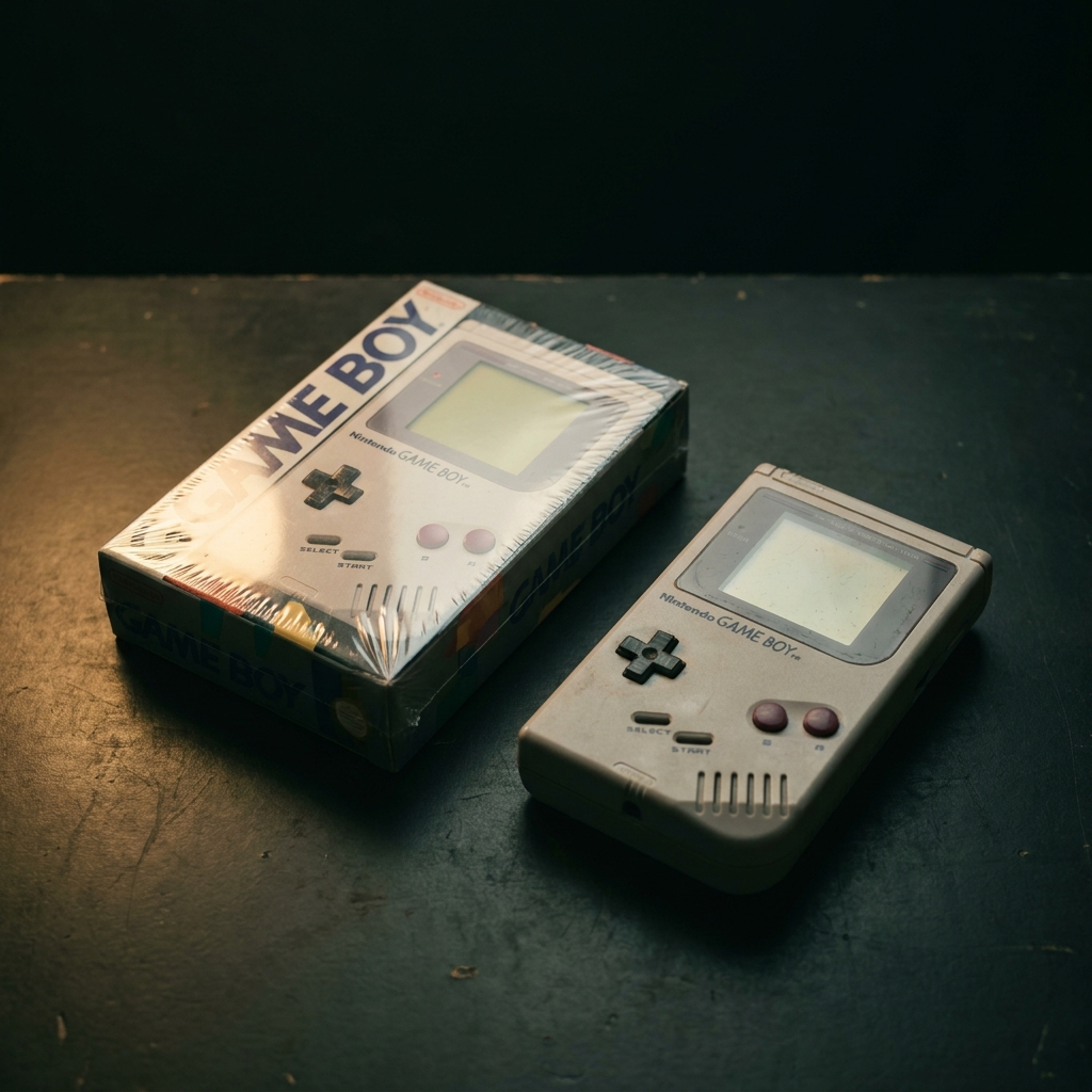 A sealed original Game Boy in its box with intact shrink wrap, beside a loose Game Boy, on a dark surface