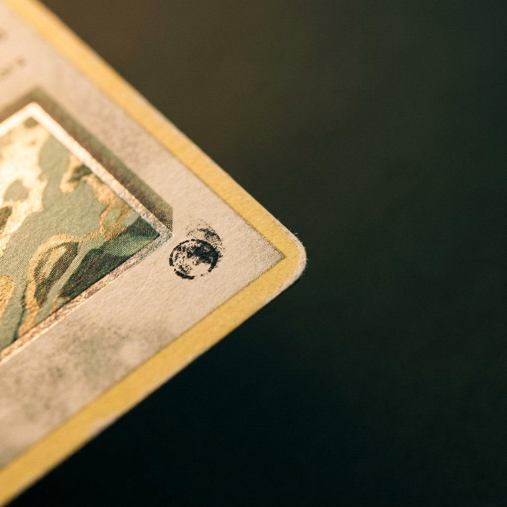 Extreme close-up of the bottom-left corner of a 1999 Pokémon card showing the small 1st Edition stamp beside the artwork
