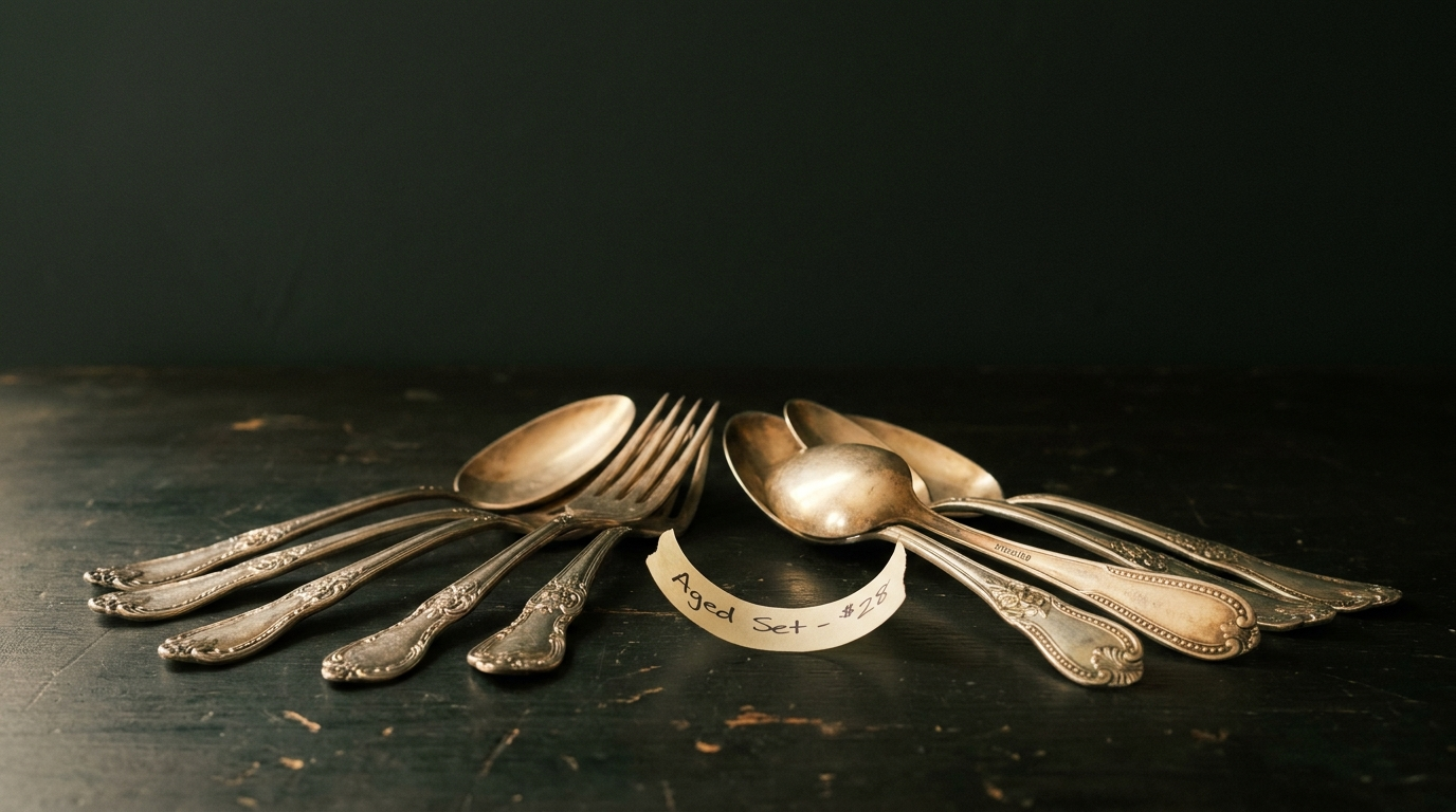 Assorted antique sterling silver flatware arranged on a dark surface, forks and spoons showing ornate handle patterns