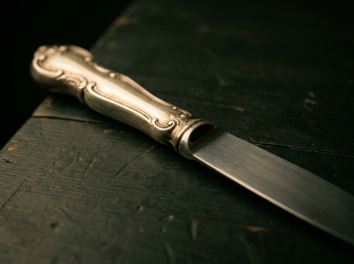 A sterling silver dinner knife shown from the handle end, revealing the hollow handle joint where it meets the stainless blade