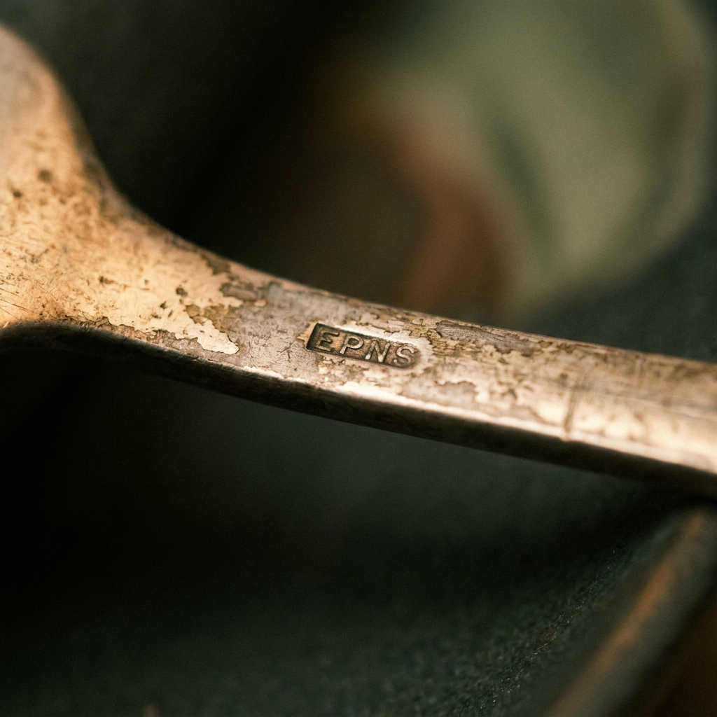 Close-up of the back of a flatware handle stamped EPNS indicating electroplated nickel silver