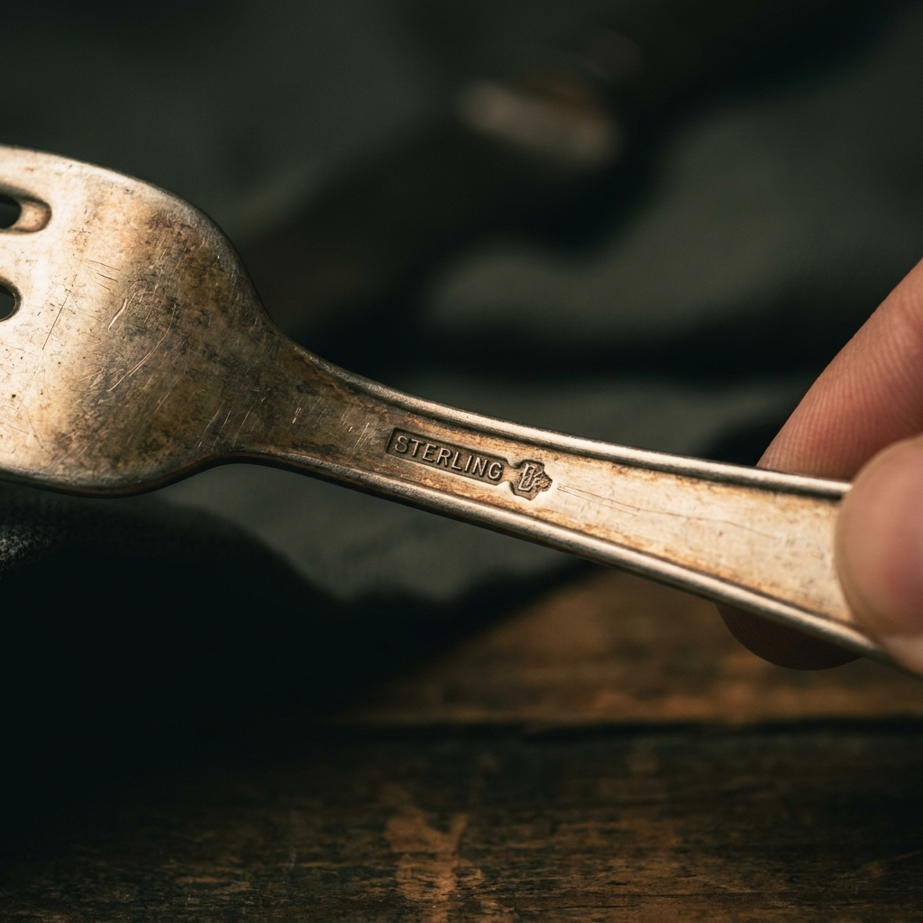 Close-up of the back of a flatware handle stamped STERLING with a maker's mark
