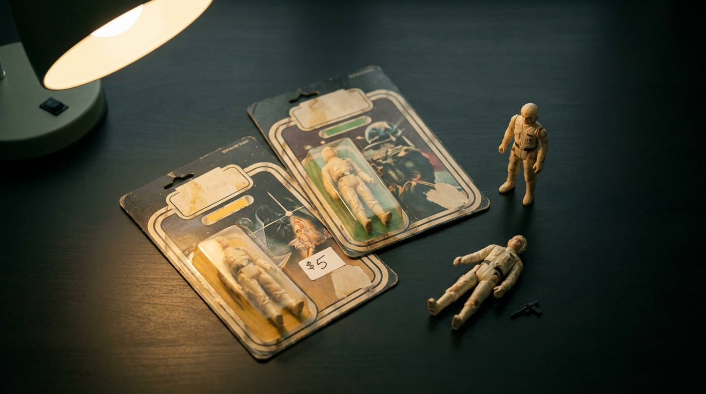 Group of vintage 1980s action figures arranged on a dark surface, some carded and some loose