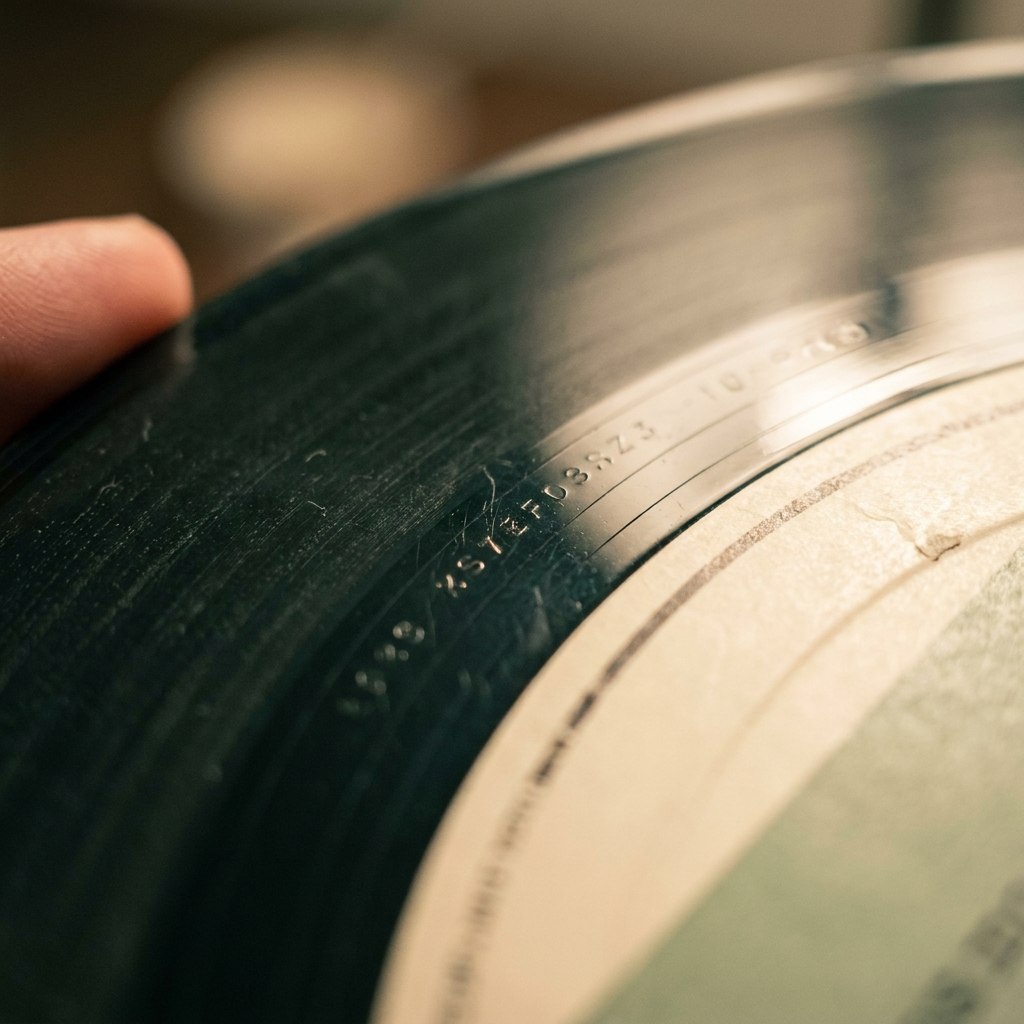 Extreme close-up of a record's run-out groove showing etched matrix and stamper codes near the label