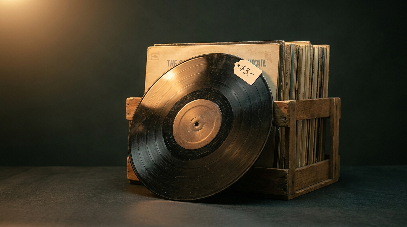 A crate of vintage vinyl LPs on a dark surface, one pulled forward to show the label and run-out groove