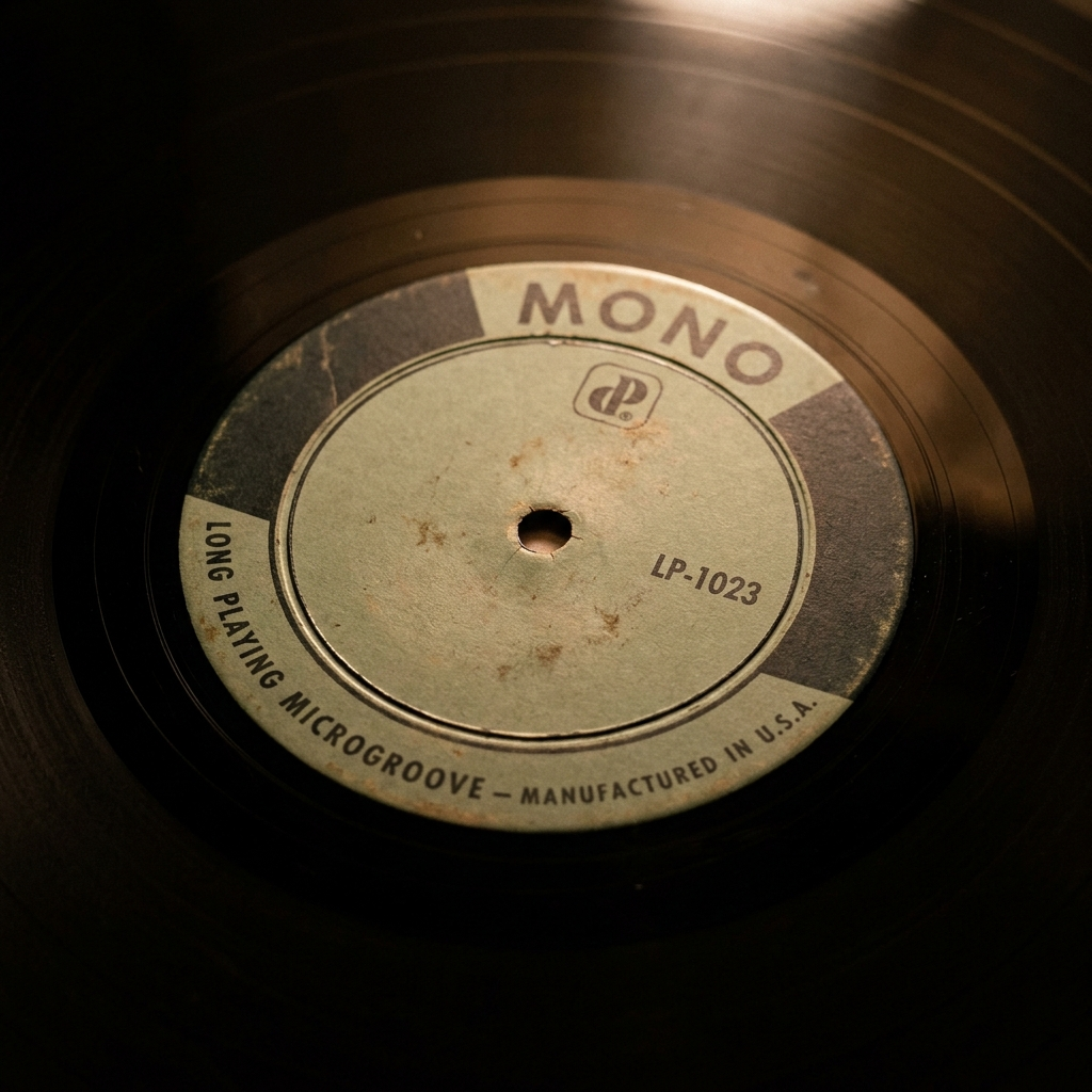 Close-up of a vintage mono record label showing catalog number and rim text