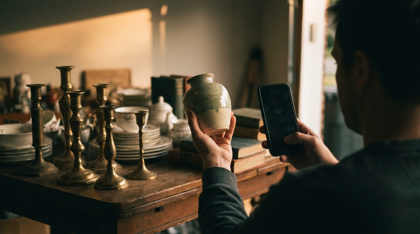 Shopper holding a ceramic vase at an estate sale table while raising a smartphone to identify it