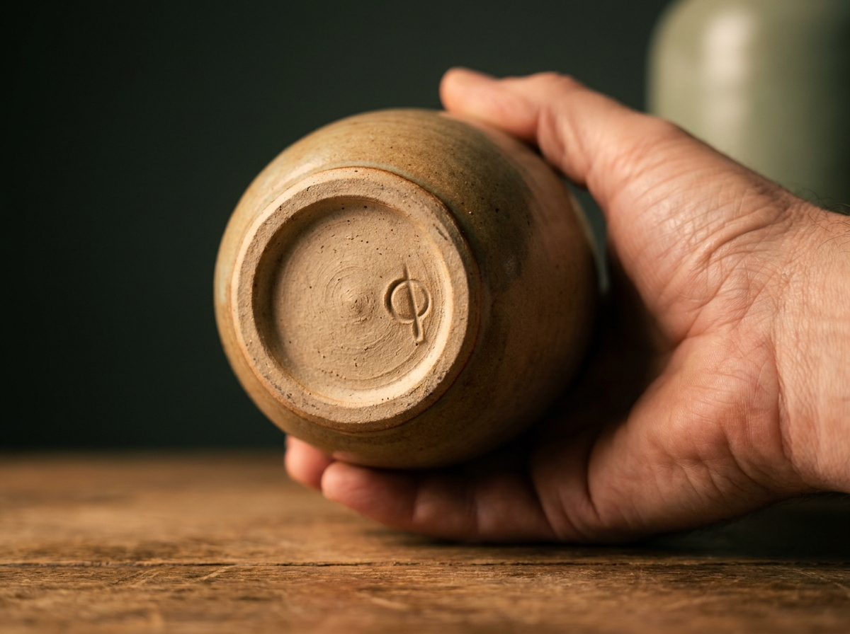 Close-up of a hand turning over a ceramic vase to reveal the maker's mark stamped on the base