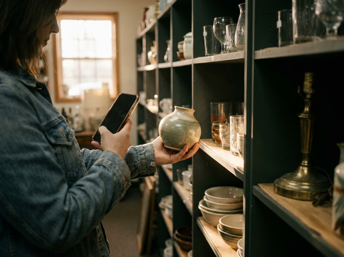 Shopper scanning a piece of studio pottery on a thrift store shelf with a smartphone