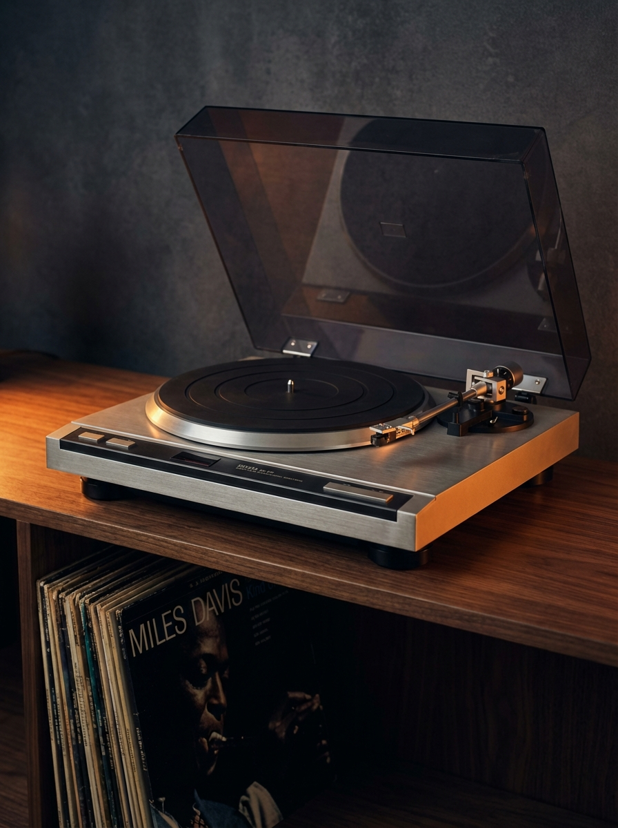 Vintage Denon turntable on a wooden shelf