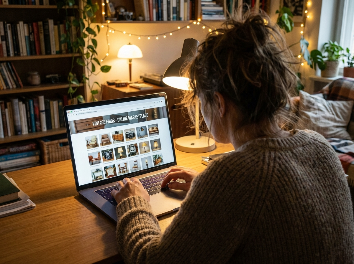 Person browsing vintage items on an online marketplace