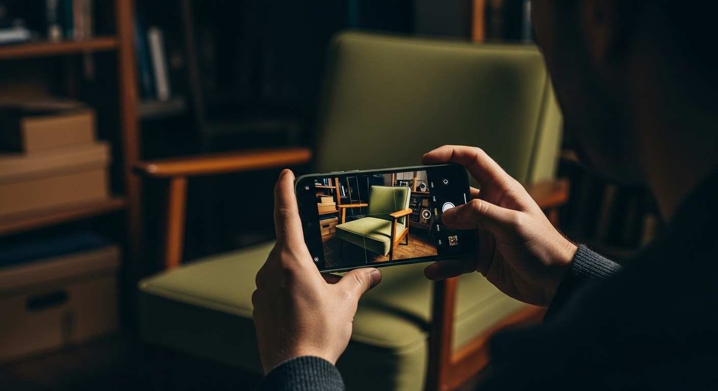 Phone camera pointed at a vintage Danish modern chair