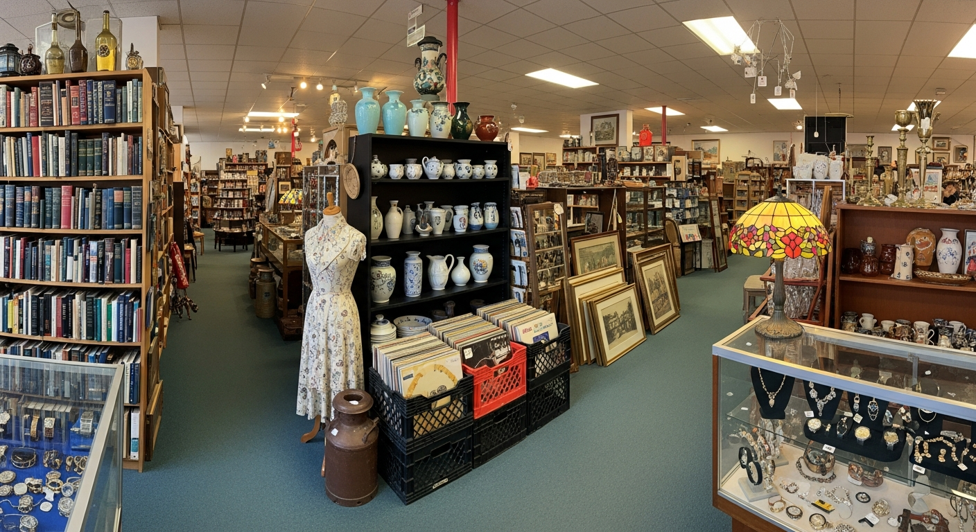General variety thrift store with Tiffany lamp, mannequin, bookshelves, vinyl records, and jewelry display