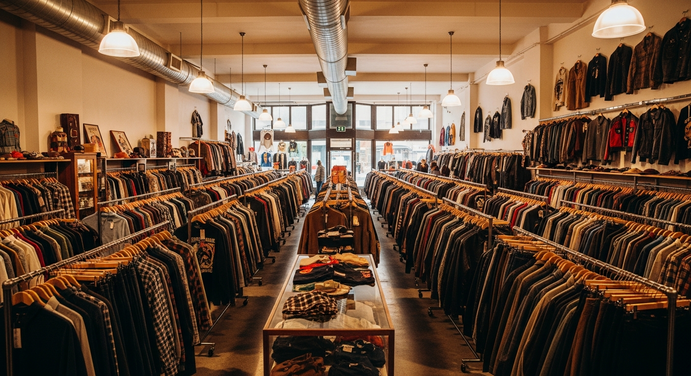 Spacious vintage clothing store with racks of flannels, denim jackets, and designer pieces