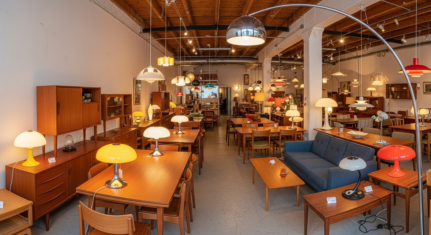 Mid-century modern furniture and lighting store with teak credenzas, Danish sofas, and arc lamps