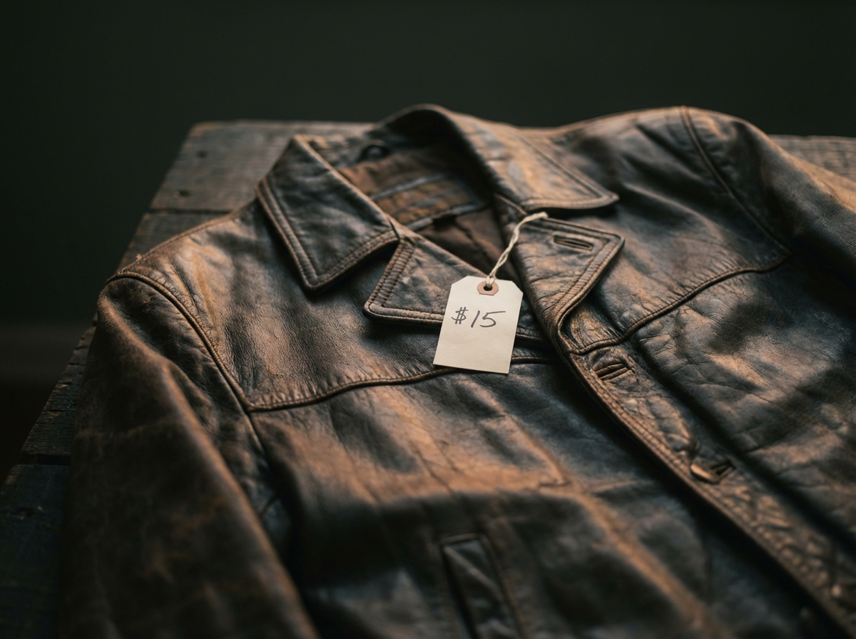 Vintage designer jacket hidden among thrift store clothing